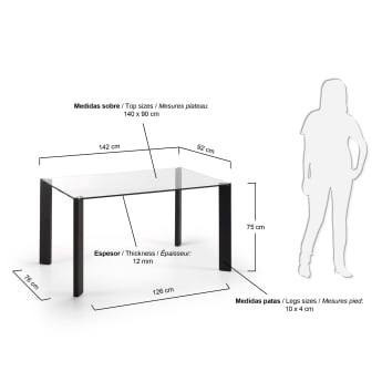 Table Spot 140x90 cm, noir et verre - dimensions