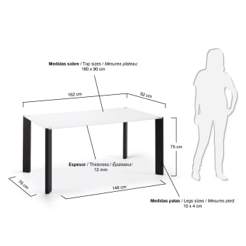 Table Spot 160x90 cm, noir et blanc - dimensions