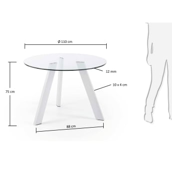 Okrągły stół Carib szklany i stalowe nogi z białym wykończeniem Ø 110 cm - rozmiary