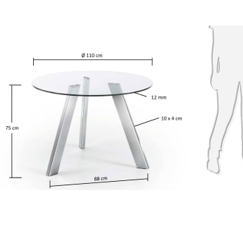 Okrągły stół Carib szklany i stalowe nogi z chromowanym wykończeniem Ø 110 cm - rozmiary