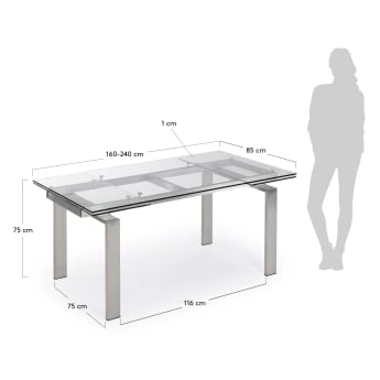 Table extensible Nara en verre et structure en acier inoxydable 160 (240) x 85 cm - dimensions