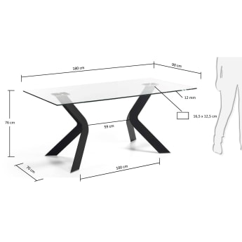 Westport table 180x90 cm, glass and black - sizes
