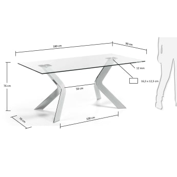 Table Westport en verre et pieds en acier finition chromée 180 x 90 cm - dimensions