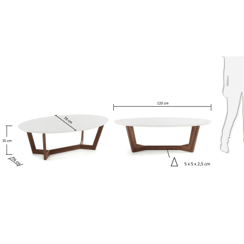 Tavolino Wave, noce e bianco - dimensioni