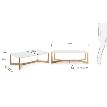 Table basse Quatro en bois de frêne massif et laqué blanc 120 x 60 cm - dimensions