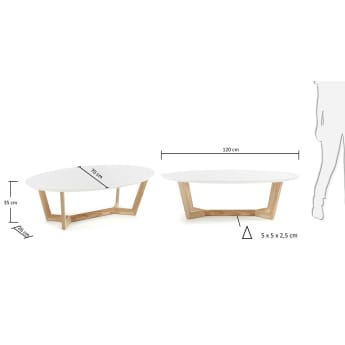 Table basse Wave en bois de frêne massif et laqué blanc 120 x 70 cm - dimensions