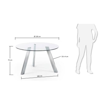 Okrągły stół Carib szklany i stalowe nogi z chromowanym wykończeniem Ø 130 cm - rozmiary