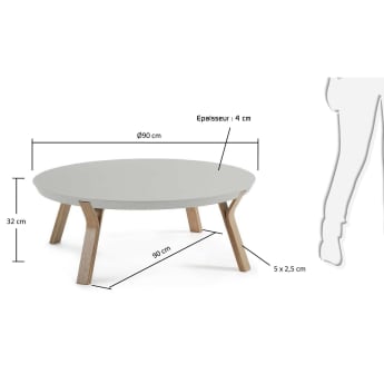 Table basse Dilos en chêne massif patiné gris et laqué gris Ø 90 cm - dimensions
