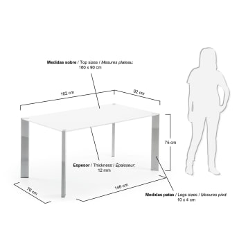 Table Spot 160x90 cm, argent et blanc - dimensions