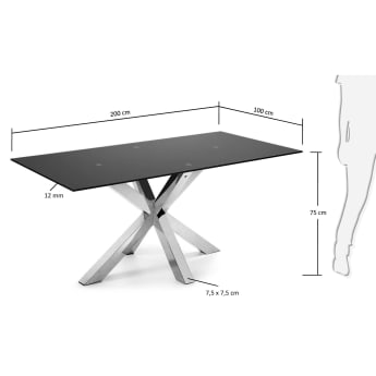 Argo table with black glass and steel legs 200 x 100 cm - sizes