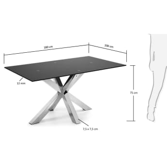 Table Argo en verre noir mat et pieds en acier inoxydable 180 x 100 cm - dimensions