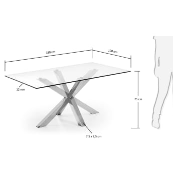 Τραπέζι Argo από γυαλί με πόδια από ανοξείδωτο χάλυβα 180 x 100 εκ - μεγέθη