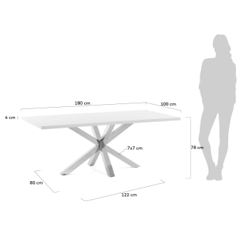 Table Argo en mélaminé finition blanche et pieds en acier inoxydable 180 x 100 cm - dimensions