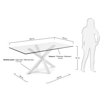 Argo glass table and steel legs with white finish, 200 x 100 cm - sizes