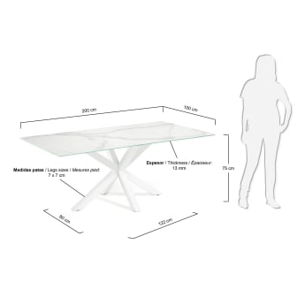 Table Argo en grès cérame Kalos finition blanche et pieds en acier finition blanche 200 x 100 cm - dimensions