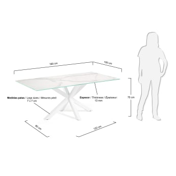 Table Argo en grès cérame Kalos finition blanche et pieds en acier finition blanche 180 x 100 cm - dimensions