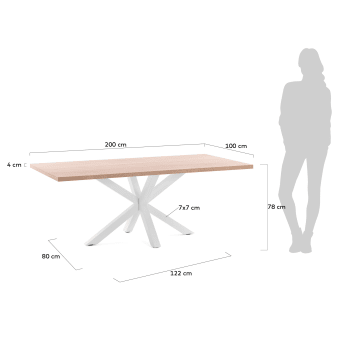 Table Argo en mélaminé finition naturelle et pieds en acier finition blanche 200 x 100 cm - dimensions