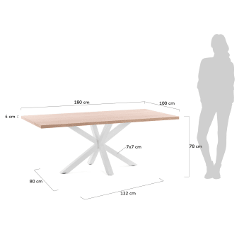 Table Argo en mélaminé finition naturelle et pieds en acier finition blanche 180 x 100 cm - dimensions