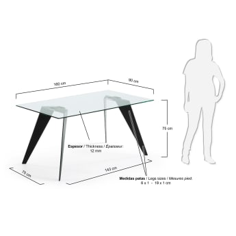 Tavolo Koda 160x90, epossido nero e vetro trasparente - dimensioni
