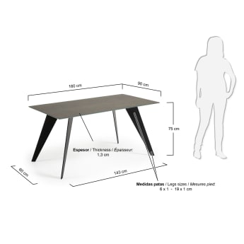 Koda ceramic table with Iron Moss finish and steel legs with black finish 160 x 90 cm - sizes
