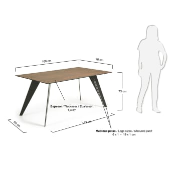 Koda ceramic table with Iron Corten finish and steel legs with black finish 160 x 90 cm - sizes