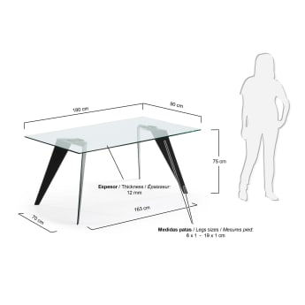 Tavolo Koda 180x90, epossido nero e vetro trasparente - dimensioni