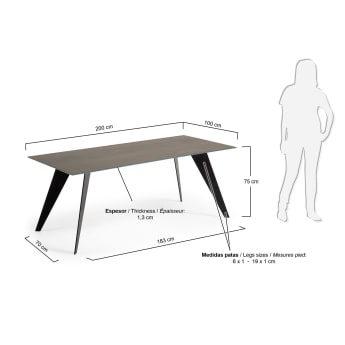 Koda ceramic table with Iron Moss finish and steel legs with black finish 200 x 100 cm - sizes