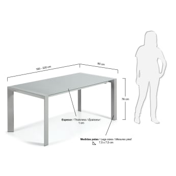 Table extensible Kara 160-220 cm, gris - dimensions