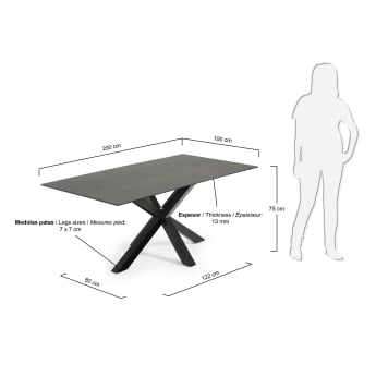 Table Argo en grès cérame Iron Moss et pieds en acier finition noire 200 x 100 cm - dimensions