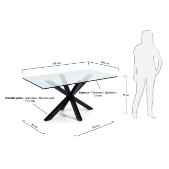 Argo Tisch aus Glas und Stahlbeine mit schwarzem Finish 180 x 100 cm - Größen