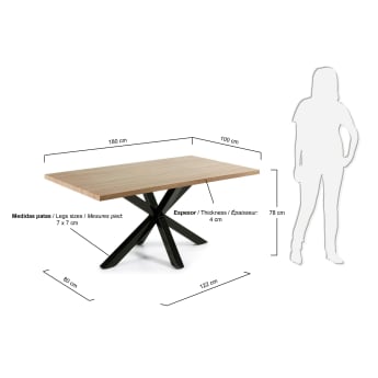 Table Argo en mélaminé finition naturelle et pieds en acier finition noire 180 x 100 cm - dimensions