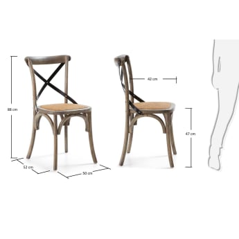 Cadira Alsie de fusta massissa de bedoll lacat marró i seient de rotang - mides