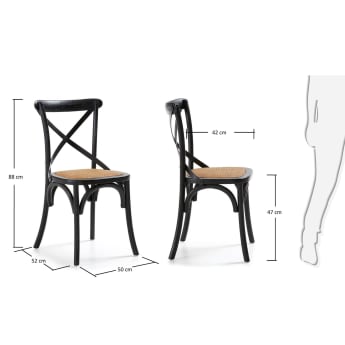 Alsie stoel in zwart gelakt massief berkenhout en rotan zitting - maten