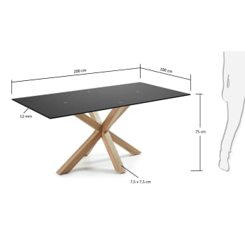 Argo Table with Black Glass and Steel Legs with Wood Finish 200 x 100 cm - sizes