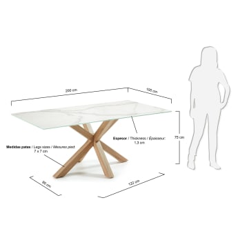Argo tafel in wit porselein met hout-effect stalen poten 200 x 100 cm - maten