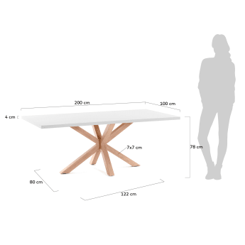 Mesa Argo de melamina con acabado blanco y patas de acero con efecto madera 200 x 100 cm - tamaños