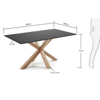 Table Argo 180x100 cm, acier en sonoma et verre noir - dimensions