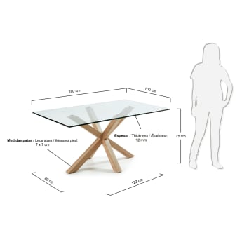 Mesa Argo de vidro e pernas de aço efeito madeira 180 x 100 cm - tamanhos