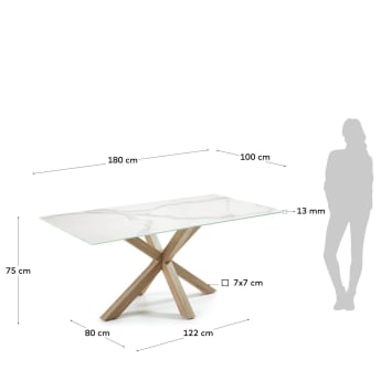 Tisch Argoaus weißem Kalos-Porzellan und Beinen aus Stahl in Holzoptik, 180 x 100 cm - Größen