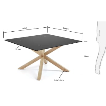 Table Argo 149x149 cm, plaque naturel et verre noir - dimensions