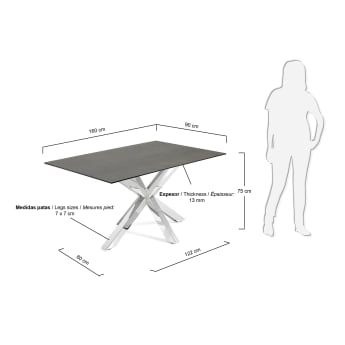 Table Argo en grès cérame Iron Moss et pieds en acier inoxydable 160 x 90 cm - dimensions