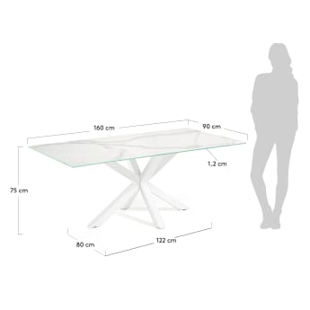 Table Argo en grès cérame Kalos finition blanche et pieds en acier finition blanche 160 x 90 cm - dimensions