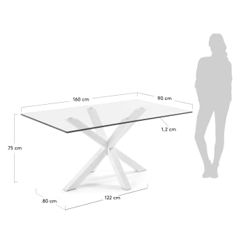 Argo glazen tafel en stalen poten met witte afwerking 160 x 90 cm - maten