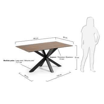 Argo tafel 160 cm porselein afwerking Iron Corten zwart benen - maten