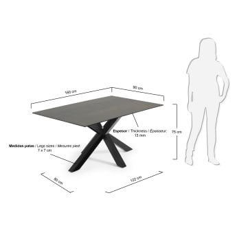 Argo table in Iron Moss porcelain and steel legs with black finish, 160 x 90 cm - sizes