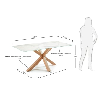 Argo tafel in wit porselein met hout-effect stalen poten 160 x 90 cm - maten