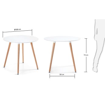 Wad runder Tisch Ø 100 cm weiß lackiert und mit Beinen aus massivem Buchenholz - Größen