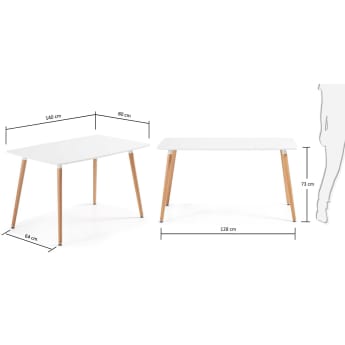 Table Wad 140 x 80 cm laqué blanc et pieds en hêtre massif - dimensions