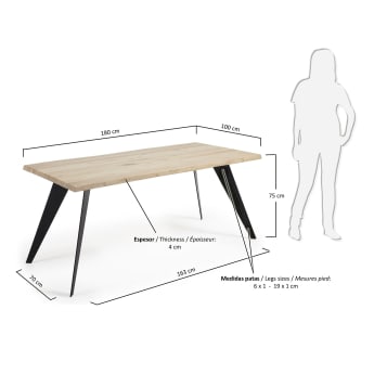 Table Koda placage de chêne finition blanchie et pieds en acier finition noire 180 x 100cm - dimensions
