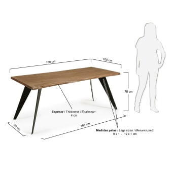 Table Koda placage de chêne effet vieilli et pieds en acier finition noire 180 x 100 cm - dimensions